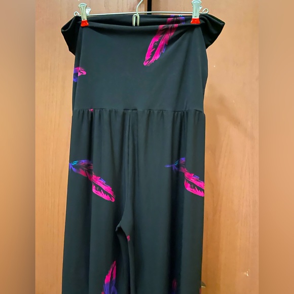 Palazzo Pants in black with hot pink & purple feathers. Size 1X. - Picture 2 of 12